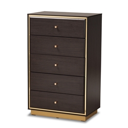 Baxton Studio Cormac Mid-Century Modern Transitional Dark Brown Finished Wood and Gold Metal 5-Drawer Storage Chest